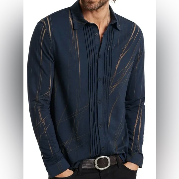 John Varvatos Phoenix navy blue and charcoal mesh unique patterned shirt - Picture 1 of 8